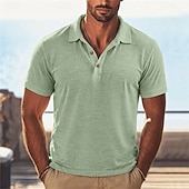 abordables Polo Classique pour Hommes-Homme Chemise en lin Polo Occasionnel Vacances Classique Manche Courte Vacances Mode Uni Texturé Boutons Été Printemps Coupe régulière Bleu Clair Noir Rose Claire Vert Bleu clair Chemise en lin