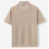 お買い得  メンズ クラシックポロ-メンズ ケーブルニット ポロシャツ カジュアル Vネック 半袖 無地 通気性 穴あき 春 &amp;夏 秋 &amp;冬用カーキ