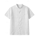 お買い得  休暇-男性用 シャツ サマーシャツ ビーチシャツ コットンリネンシャツ 純色 カジュアル アウトドア ブラック ホワイト ネイビーブルー カーキ色 半袖 スタンド 夏 春 衣類 ポケット