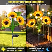  Lot de 4 lampes solaires LED tournesol étanches pour jardin, à piquer, idéales pour décorer allées, pelouses, terrasses et autres espaces extérieurs. Parfaites pour les fêtes, les anniversaires et