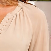cheap Plain Blouses-Women's Shirt Summer Shirt Casual Shirt Chiffon Tops Ruched Buttons Solid Color Plain Elegant Vacation Fashion 3/4 Length Sleeve V Neck Regular Tops Daily Streetwear Holiday Apricot Summer Spring Fall