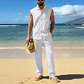 cheap Cotton Linen Shirt-Male Linen Shirt 2 Piece Shirt Set And Linen Pants Trousers Casual Pants Set Plain Daily Outdoor Vacation Turndown Sleeveless Summer Fashion Casual Comfortable Clothing Apparel