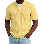 preiswerte Klassisches Poloshirt für Herren-Herren Rippenstrick-Top Textur Lässig Arbeit Revers Gerippter Polokragen Kurzarm Basic Modern Farbblock Knöpfe Gestrickt Frühling &amp; Sommer Sommer Frühling Normale Passform Blau Weiß Gelb Burgunderrot