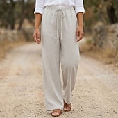 preiswerte Unterteile-Damen Baumwollleinen Weites Bein Urlaub Basic Volle Länge Hohe Taille Einfach Bequem Unelastisch Täglich Hanf weiß Marineblau Purpur Sommer Frühling Lässiger Schnitt