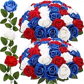 cheap Artificial Flower-24 Artificial Roses For July 4th Decoration, Red, White, And Blue Patriotic Floral Arrangement, Realistic Velvet Silk Roses, Sold In Bulk For Memorial Day Centerpieces And Home Decor