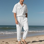 cheap Cotton Linen Shirt-Men's Linen Shirt 2 Piece Shirt Set And Cargo Pants Linen Pants Trousers Set Plain Casual Daily Outdoor Turndown Short Sleeves Summer Fashion Casual Comfortable Clothing Apparel