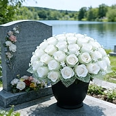 baratos Flor artificial-Arranjo requintado de rosas artificiais para lápides, ideal para o Dia da Memória, funerais e cemitérios, expressando condolências e despedidas a familiares e amigos.