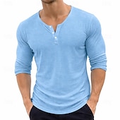 halpa Rento Henley T-paita-Miesten T-paidat Pellava T-paita Pitkähihainen Yhtenäinen väri Tavallinen Solid Color Loma Vapaa-aika Napit Perus Henley Kausaliteetti Päivittäin ulko- Kevät kesä Kesä Kevät Sininen Musta