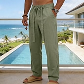 cheap Holiday-Men's Linen Pants Trousers Summer Pants Baggy Pants Drawstring Elastic Waist Straight Leg Plain Comfort Breathable Full Length Daily Outdoor Holiday Fashion Classic Style Blue White Micro-elastic