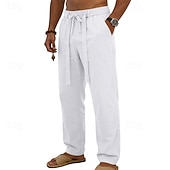 cheap Holiday-Men's Linen Pants Trousers Summer Pants Baggy Pants Drawstring Elastic Waist Straight Leg Plain Comfort Breathable Full Length Daily Outdoor Holiday Fashion Classic Style Blue White Micro-elastic