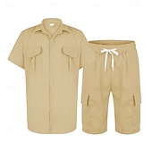 お買い得  メンズベーシックシャツセット-男性用 スタイル ２個 シャツセット そして ショーツ ビーチショーツ 設定 平織り カジュアル 日常 アウトドア 折襟 半袖 夏 ファッション カジュアル 快適 衣類