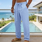 cheap Holiday-Men's Linen Pants Trousers Summer Pants Baggy Pants Drawstring Elastic Waist Straight Leg Plain Comfort Breathable Full Length Daily Outdoor Holiday Fashion Classic Style Blue White Micro-elastic