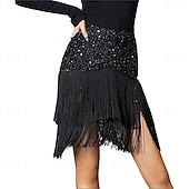 economico Gonne Latine-Gonna latina da donna nera con frange di paillettes - abito da ballo asimmetrico a balze con nappe per salsa, cha cha, samba &amp;sala da ballo