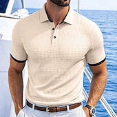 abordables Polo Classique pour Hommes-Homme Polo Texturé Occasionnel Rue Revers Manche Courte Basique Moderne Uni Poids Léger Boutons Été Printemps Coupe Slim Bleu Blanche Beige Polo