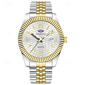 abordables Montres à quartz-Montre homme de luxe, cadran noir nid d'abeille, mouvement quartz bicolore or et argent en acier inoxydable, lunette cannelée, montre habillée avec date, bijou élégant à offrir.