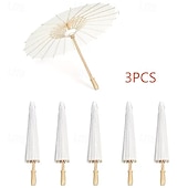 voordelige Paraplu's-Set van 3 witte papieren paraplu's van 60 cm (23,62 inch), klassieke stijl met houten handvat, handmatig te openen, UV-bescherming, ideaal voor bruiloften, fotografie, cosplay en feesten.