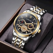 abordables Montres à quartz-Montre homme à cadran bleu, montre-bracelet de luxe à phases de lune, montre analogique bicolore en acier inoxydable avec volant squelette &amp;Coffret cadeau, cadeau élégant et étanche pour homme, argent