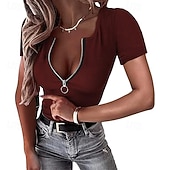 abordables Plain tee-Women's T Shirt Zipper Solid Color Graphic Plain Casual Short Sleeve V Neck Regular Tops Daily Going out Weekend Black Wine Red Gray Summer Spring