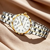 preiswerte Quarz-Uhren-Elegante Damenuhr, zweifarbiges Armband aus gold-silbernem Edelstahl, facettierte Lünette, Datums- und Wochentagsanzeige, gut lesbare arabische Ziffern, analoges Quarzwerk, geeignet für Business und