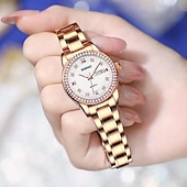 baratos Relógios Quartz-Relógio feminino de luxo, com bisel de diamantes, em aço inoxidável dourado e rosé, elegante e moderno, com janela de dia e data, joia à prova d'água para presentear sua mãe ou esposa.