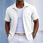 voordelige Men's Button Up Shirts-Men's Shirt Casual Shirt Beach Shirt Button Up Shirt Jacquard Shirt Black White Light Green Wine Blue Short Sleeve Solid Color Plain Lines / Waves Lapel Casual Streetwear Pocket Clothing Apparel