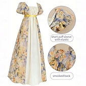abordables Robe-Médiéval Renaissance 19ème siècle Longueur au sol Robe Manches courtes Princesse Floral Imprimé Floral Col carré Déguisement Femmes Carnaval Foire de la Renaissance LARP Soirée à thème rétro Adulte