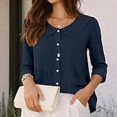 tanie Podstawowe fałszywe koszule-Damskie Koszula Codzienna koszula Zapinana na guziki koszula Sztuczna bawełna len Guziki Jednokolorowe Równina Urlop Moda Codzienny Kołnierzyk Piotruś Pan Zwykłe topy Streetwear Plaża Święto Czarny