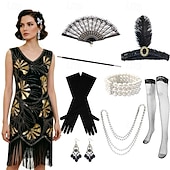 voordelige Outfits-Roaring jaren '20 Jaren 1920 Retro vintage Tot de knie Flapper jurk Handschoenen Ketting Mouwloos The Great Gatsby Charleston Pailletten V-hals Kostuum Dames Halloween Carnaval Feesten &amp; Uitgaan