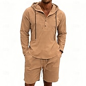 billige Linskjorte i bomull-Herre Linskjorte 2 deler Popover skjorte Og Shorts Lin Shorts Strandshorts Sett عادي Daglig utendørs Feriereise Med hette Langermet Sommer Mote Fritid Bekvem Klær