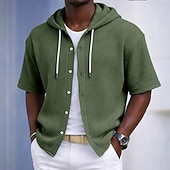 preiswerte Smart Casual Hemden für Herren-Herren Hemd Waffelhemd Freizeithemd Knopfhemd Schwarz Weiß Hellgrün Marineblau Purpur Kurzarm Einfarbig Einfach Mit Kapuze Lässig Täglich Fronttasche Bekleidung Elegant Mode Lässig
