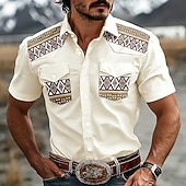 abordables camisas occidentales de los hombres-Hombre Diseño Geométrico Étnico camisa occidental Camisas de trabajo Camisa vaquera Manga Corta occidental retro de la vendimia Casual Exterior Para trabajo Verano Primavera Cuello Vuelto Impresión