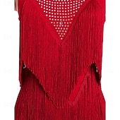 cheap Competition Dress-Women's Black Latin Ballroom Dance Wear - Rhinestone Sheer Mesh Sleeveless Bodysuit with Rhythmic Tassel Hem for Performance