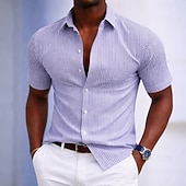 baratos Camisas casuais inteligentes masculinas-Homens Camisa Social Camisa casual Camisa de algodão camisa de botão Preto Amarelo Verde Claro Rosa Roxo Manga Curta Listrado Colarinho de Camisa Casual Diário Bolso frontal Roupa Elegante Moda Casual