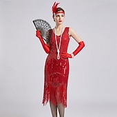 tanie stroje-Zabytkowe Ryczące 20s 1920 roku Do kolan Sukienka w stylu lat 20-tych Rękawiczki Nakrycie głowy Bez rękawów Wielki Gatsby Czarleston Cekiny Frędzel Strój na bal maskowy Damskie Halloween Karnawał