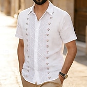 voordelige Etnisch patroon-Voor heren Geometrisch Etnisch Bloemen Overhemd Guayabera-shirt Overhemd met knopen Korte mouw Vintage Retro Dagelijks Buiten Vakantie Zomer Lente Strijkijzer 3D-afdrukken Linnenachtig shirt blauw