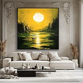 cheap Landscape Paintings-Hand Painted Sunset Oil Painting Emerald Green Abstract Textured Canvas Green Lake Moon Water Reflection Art