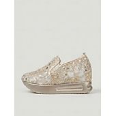 abordables mariée-Baskets compensées blanches en dentelle pour femme - chaussures confortables à enfiler ornées de strass, idéales pour un mariage champêtre.