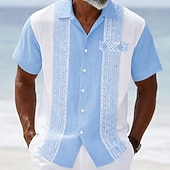 cheap Geometric Pattern-Men's Geometric Striped Ethnic Shirt Guayabera Shirt Button Up Shirt Short Sleeve Vintage Retro Daily Outdoor Vacation Summer Spring Turndown 3D Print Linen Like Shirt Blue Pink Purple Green Khaki