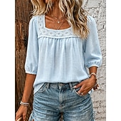  Mulheres Camisas com toque de linho Blusa Guarnição do laço Côr Sólida Diário à moda Básico Manga 3/4 Decote Quadrado Tops regulares Casual Diário Azul Branco Rosa Azul Marinha Verde Verão Primavera