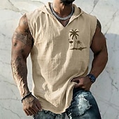 cheap Vacation Tropical T Shirts-Men's Flamingo Palm Tree Tropical Boho Vintage Sleeveless Hooded Vest Graphic Cotton Linen Frayed Raw Hem Loose Fit Beach Vacation Designer Clothing Apparel S M L XL XXL XXXL