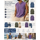  Vintage-Tanktop für Herren, 100 % Baumwolle, Acid-Wash-Optik, ärmelloses Unterhemd, Henley-Shirt, schlichtes Sommer-Design, Basic-Tasche, Knöpfe, Urlaub, Streetwear, schwarzes T-Shirt für Herren