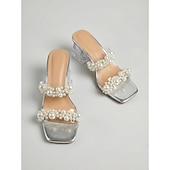 cheap Heeled Sandals-Women's Elegant Silver Slides with Faux Pearl Embellishments - Chic Clear Sandals for Evening Resort Wear, Beach Weddings &amp; Summer Galas