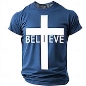  Believe Christian Cross Men's Minimalist Religious Spiritual T Shirt Graphic Crew Neck Short Sleeve Church Worship Gift for Believers Designer Clothing Apparel