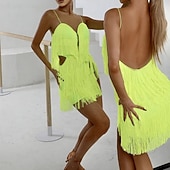 economico abito da competizione-Abito da ballo latino da donna giallo neon - gonna asimmetrica multistrato con frange per balli da sala e salsa &amp; prestazione
