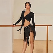 cheap Tops &amp; Sets-Women's Latin Dance Practice Set - Long Sleeve Tie-Front Wrap Top &amp; Asymmetrical Sequin Fringe Skirt