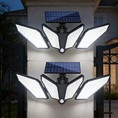 abordables Aplique de pared para exterior-Aplique de pared solar exterior IP65 resistente al agua, con sensor de movimiento inteligente de 4 cabezales, 222 LED, ajustable y giratorio, 3 modos de iluminación: jardín decorativo, patio, pared,