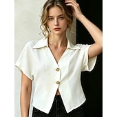 ieftine tricou simplu-Pentru femei Cămașă din satin Bluză Nasturi Culoare solidă Stilat Casual Manșon scurt Guler Cămașă Crop Tops Casual Zilnic În aer liber Albastru piscină Negru Alb Caisă Vară Primăvară
