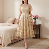 cheap Dresses-1950s Retro Vintage Midi Dress Swing Dress Flare Dress Short Sleeves Embroidered Leaf Fit &amp; Flare Swing Round Neck Fancy Dress Women's Casual Evening Party Tea Party Adults' Dress Spring &amp; Summer