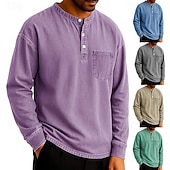 levne Ležérní tričko Henley-SoftFade™ Pánské tričko Henley T-shirt Tee dlouhý rukáv jednobarevné vintage retro ležérní styl obarvené vybledlé Henley ležérní jaro podzim černá šedá světle modrá Henley T-Shirt