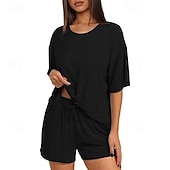 cheap Women's Blouse Suits-Women's Two Piece Sets Shorts Sets Short Sleeve Round Neck Plain Fashion Streetwear Casual Daily Outdoor Black Brown Summer Regular Fit
